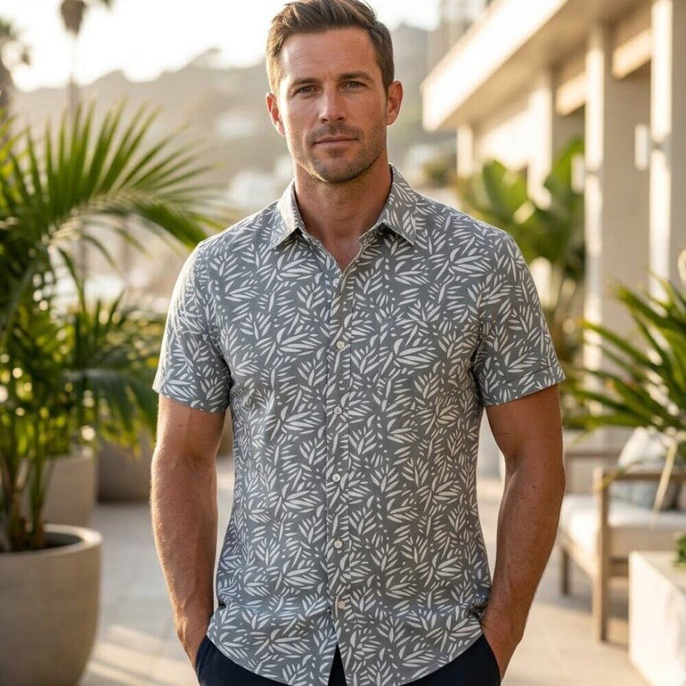 Taylor Vintage Cotton Men's Olive Green Leaf Print Shirt, Size M, Anti-wrinkle.